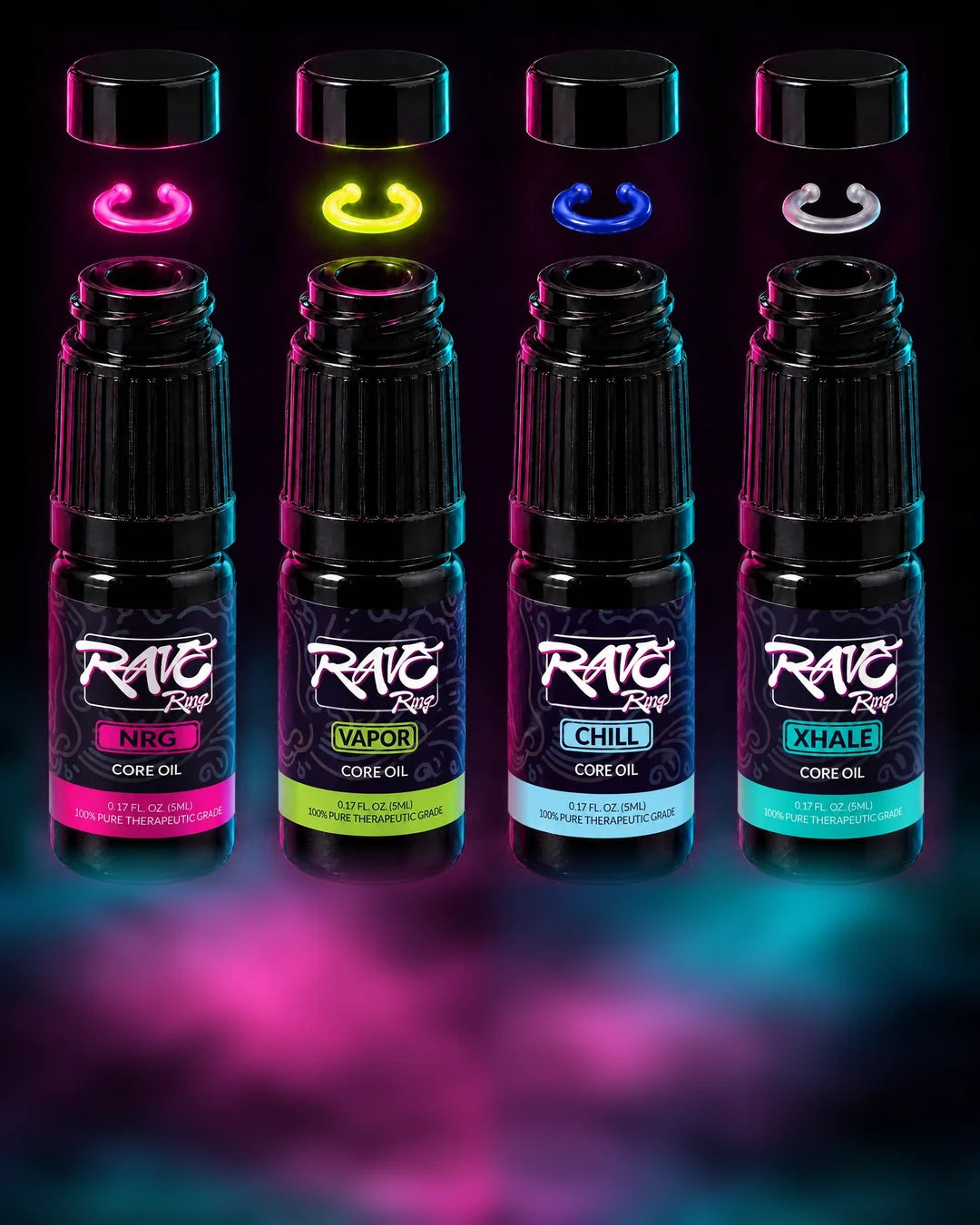 The four oils, NRG, VAPOR, CHILL and XHALE, each with its topper, a ring and the lid